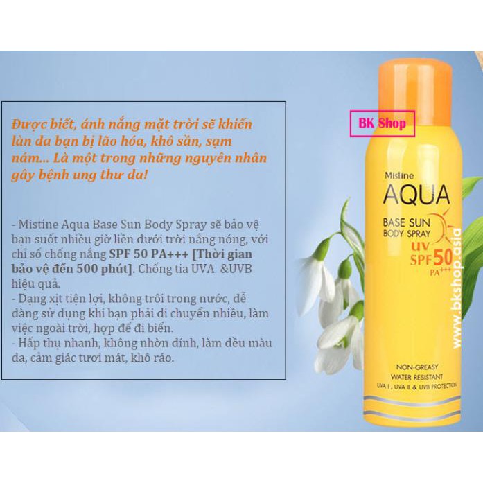 Kem Chống Nắng Dạng Xịt Mistine Aqua Base Sun Body Spray UV SPF50 PA+++ 100ml - Chính Hãng