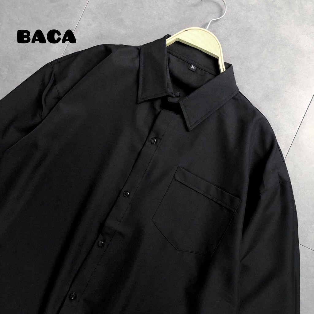 Áo Sơ Mi Tay Lỡ Unisex Thương Hiệu BACA Màu Đen Có Túi Form Rộng Chất Vải Lụa Mềm Mát US021
