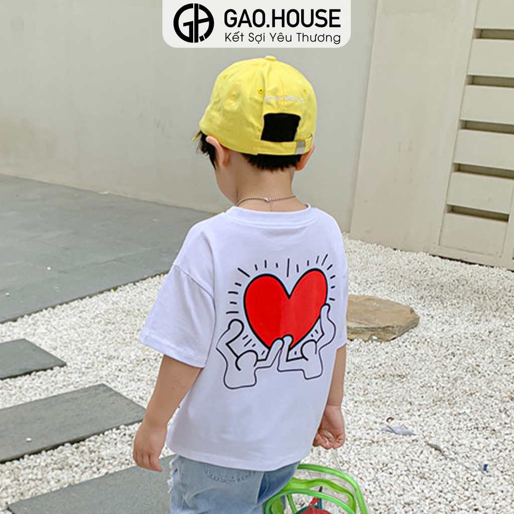 Áo thun bé trai cổ tròn Gạo House tay ngắn mầu trắng hoạ tiết trái tim chất liệu cotton 4 thun chiều(T23)
