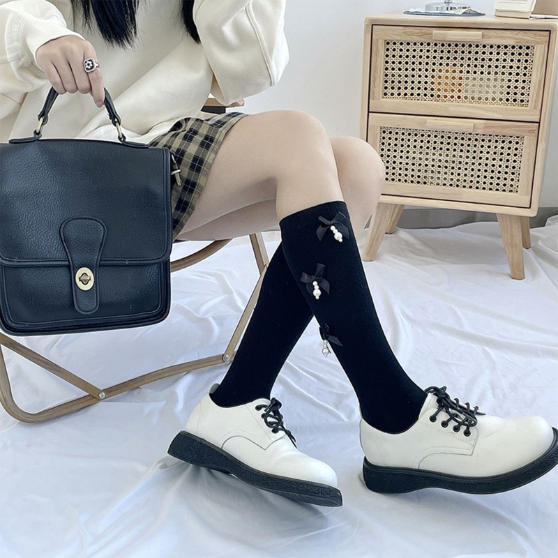 Vớ Cotton Cao Đến Đầu Gối Đính Nơ Và Ngọc Trai Ngọt Ngào Phong Cách Harajuku Cho Nữ Sinh