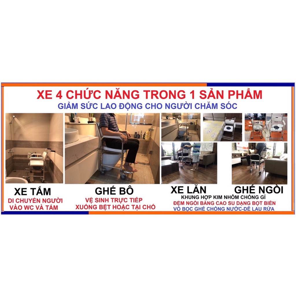 Ghế bô vệ sinh - Xe lăn - Ghế tắm đa năng dành cho người già 4 trong 1