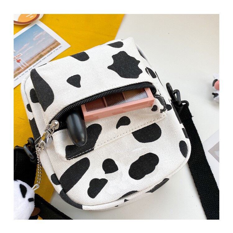 Túi đeo chéo vải canvas đựng đồ cao cấp in hình bò sữa dễ thương size bé  phong cách thời trang Hàn Quốc