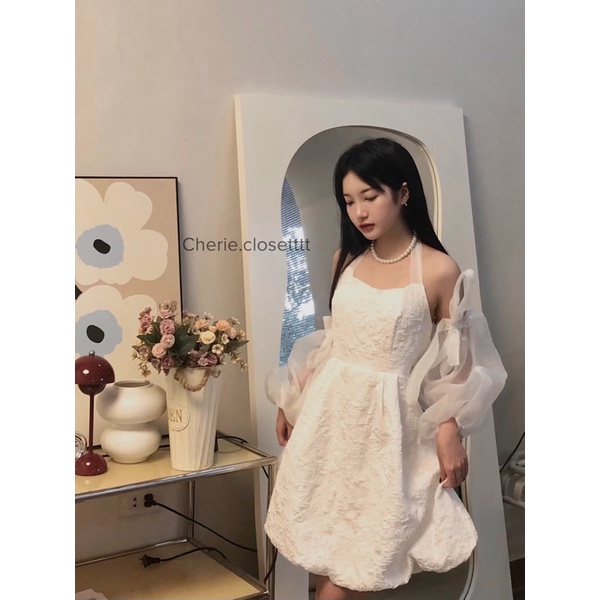 Váy Cổ Yếm - Váy yếm phối tay rời buộc nơ, Phối được 4 kiểu khác nhau, Chất gấm hoa nổi Quảng Châu cực xinh HK Shop9720