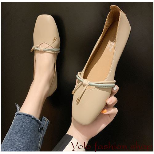 Giày bệt búp bê nữ đế bằng da mềm mũi vuông thắt nơ vintage hàng QC cao cấp - Kèm hình thật