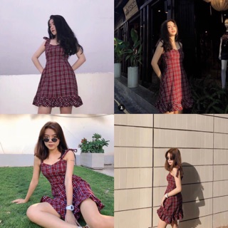 ĐẦM CARO ĐỎ HAI DÂY CỘT NƠ (KÈM VIDEO HÌNH THẬT)