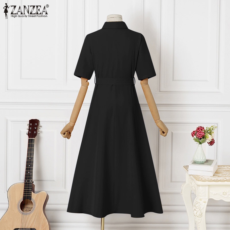 ZANZEA Đầm Dài Dáng Chữ A Tay Lửng Cài Nút Nhấn Eo Phong Cách Retro Đường Phố Châu