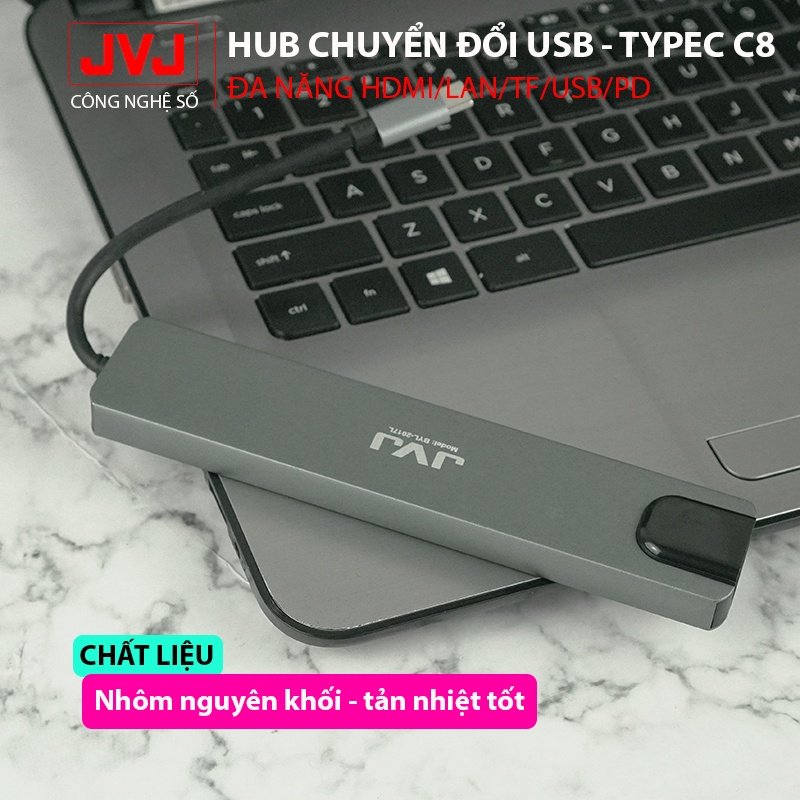 Hub Type C JVJ C8 đa năng 8 Cổng HDMI USB 3.0 SD TF LAN Gigabit RJ45 tốc độ truyền mạng 100Mbps-Bảo hành 24 Tháng