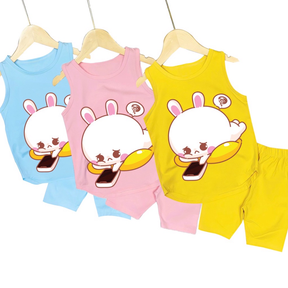 ( Chuyên sỉ lẻ Quần áo trẻ em ) Bộ đồ bé gái sát nách hình thỏ bấm điện thoại cho bé gái từ 6kg đên 29kg.DBBG58.