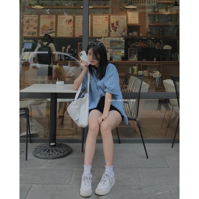 Sơ mi denim cộc tay oversize 2 túi, sơ mi bò form rộng nam nữ ulzzang Bazic one