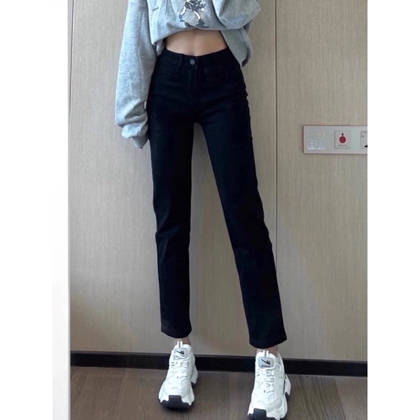 Quần Jean Ống Đứng Màu Đen Chất Jean Co Giãn