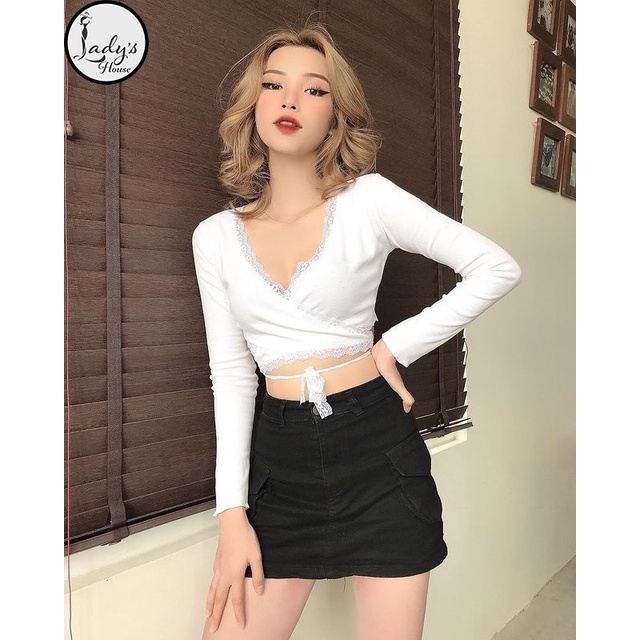 Áo Croptop Viền Ren Tay Dài Cột Dây Eo Siêu Xinh Cổ Chữ V Form Ôm Chất Thun Phối Ren "CROPTOP VIỀN REN" | BigBuy360 - bigbuy360.vn
