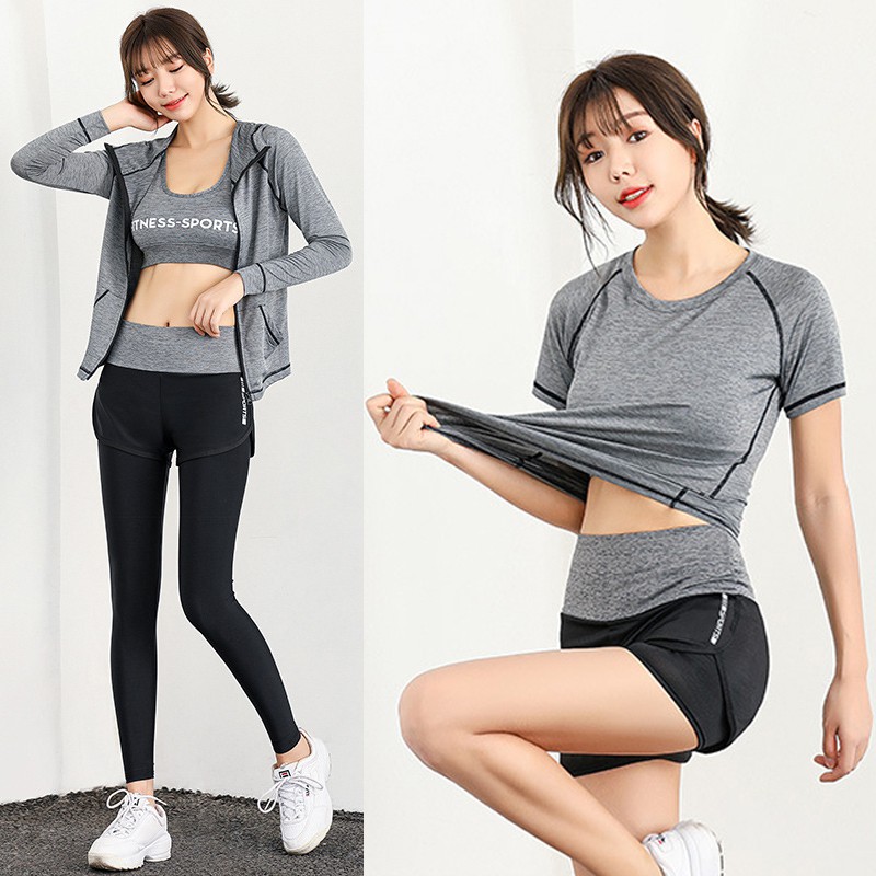 Set bộ tập Gym, Yoga 5 món ( quần dài + quần đùi + áo tay ngắn + áo bra + áo khoác có nón )