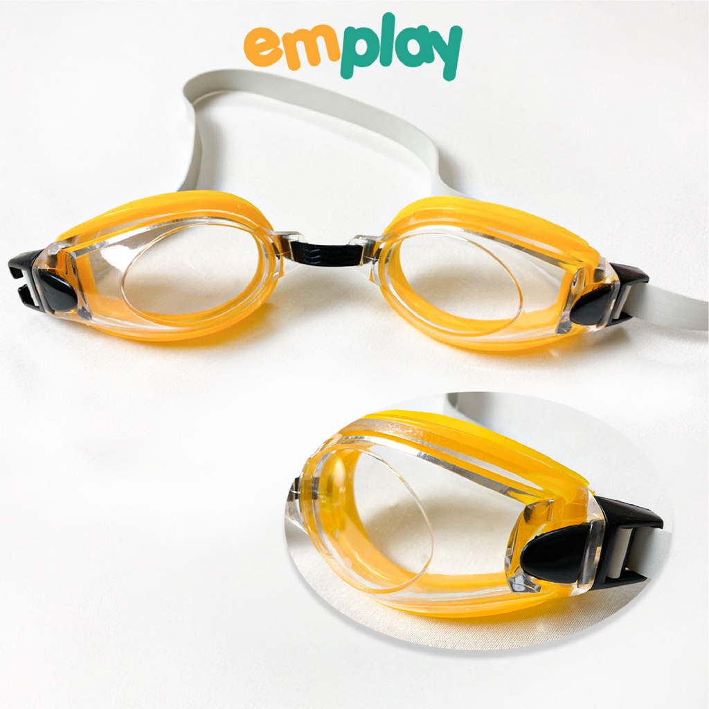 Kính bơi Emplay kèm 2 nút tai và 1 kẹp mũi, chất liệu nhựa và silicone không gây kích ứng da, chống nước tuyệt đối