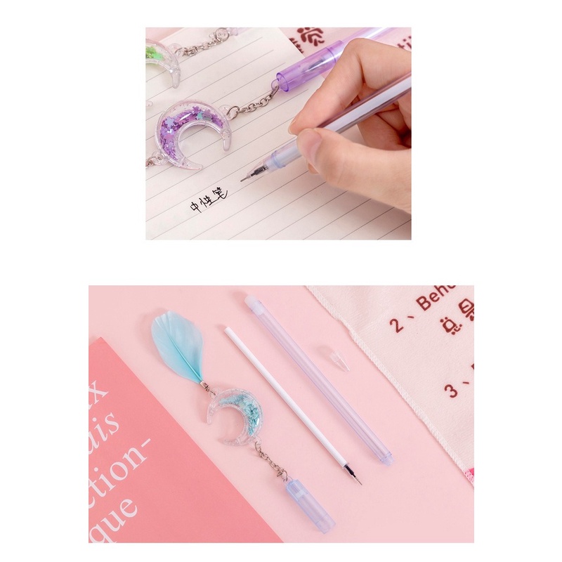 1 Bút Mực Đen Hình Mặt Trăng / Lông Vũ Đính Kim Sa Sáng Tạo Cho Nữ
