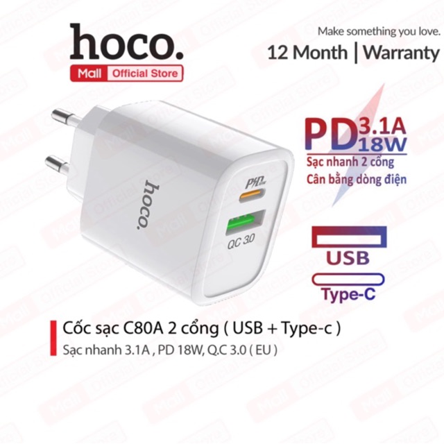 Củ sạc Hoco C80A 2 cổng ( USB + Type- C ) 3.1A, PD 18W, Q.C 3.0 hỗ trợ sạc nhanh cho điện thoại