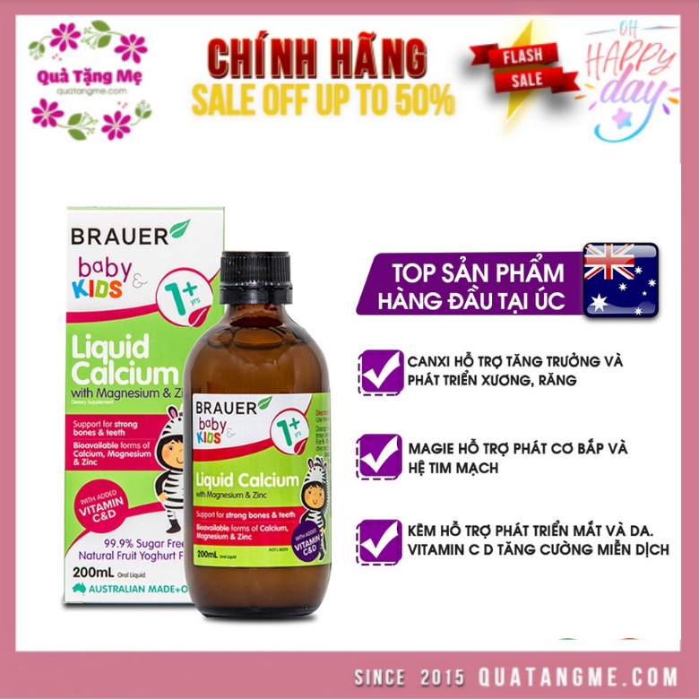 Siro bổ sung Canxi, Magie và Kẽm Brauer Baby &amp; Kids Liquid Calcium With Magnesium &amp; ZinC cho trẻ trên 1 tuổi (200ml)