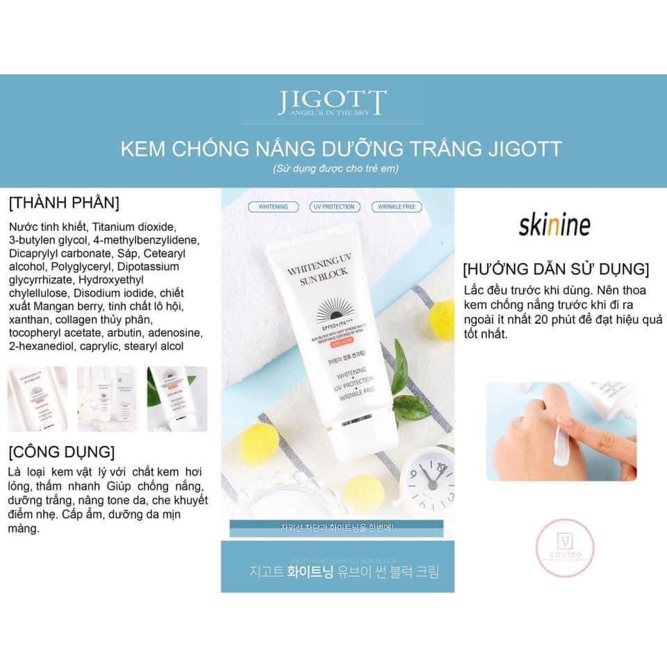 Combo Kem Chống Nắng Dưỡng Trắng Whitening UV Sun Block JIGOTT Và Kem Chống Nắng Ốc Sên Snail UV Sun Block JIGOTT 140ml