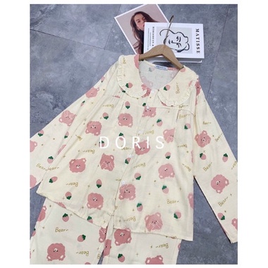 Bộ đồ bầu Pyjama cổ sen _ B068 chất đũi lạnh và cho con bú khoá ngực tiện lợi