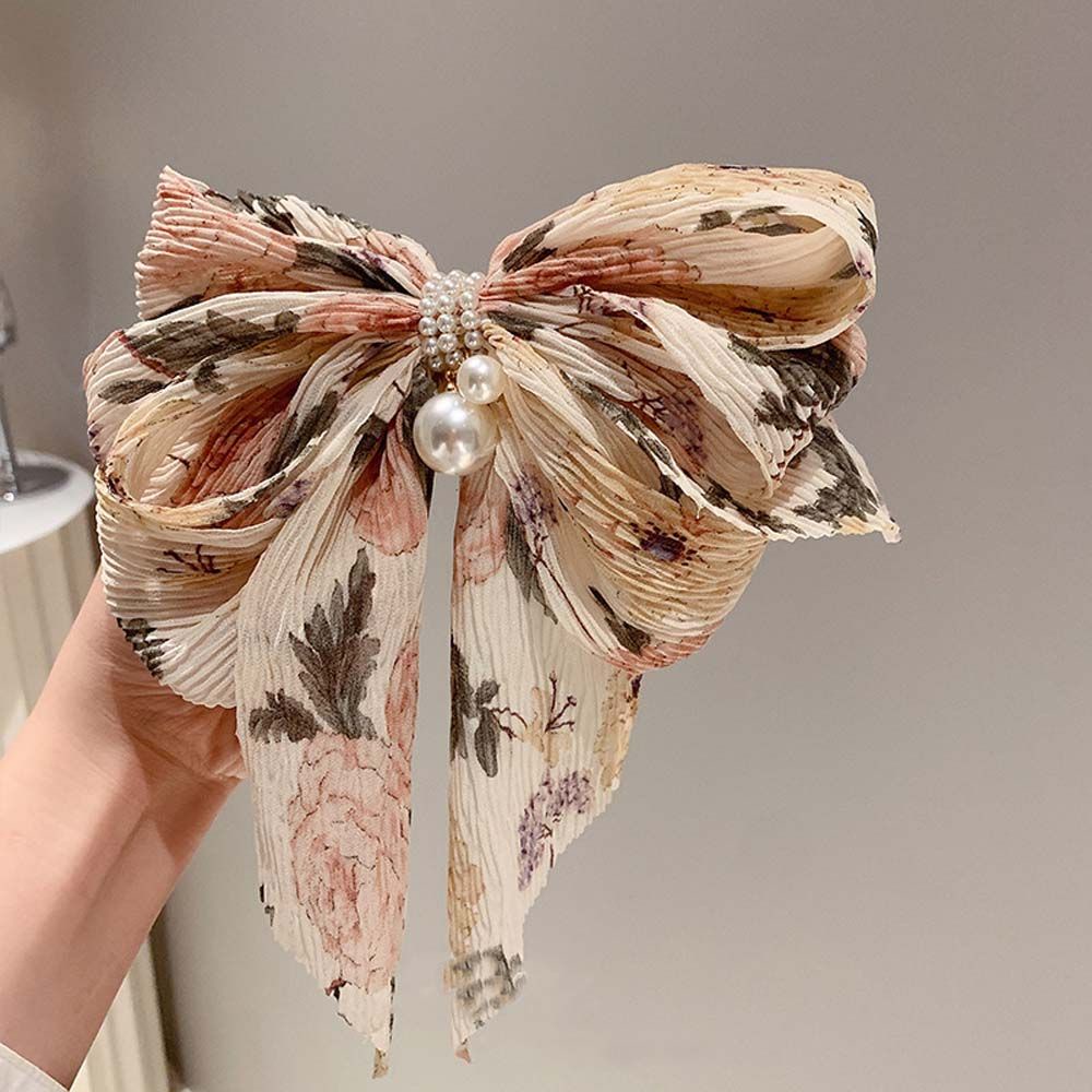 Summer Korean Floral Pearl Chiffon Bow Hairpin Cute Women's Sweet Temperament Spring Clip Hair Accessories