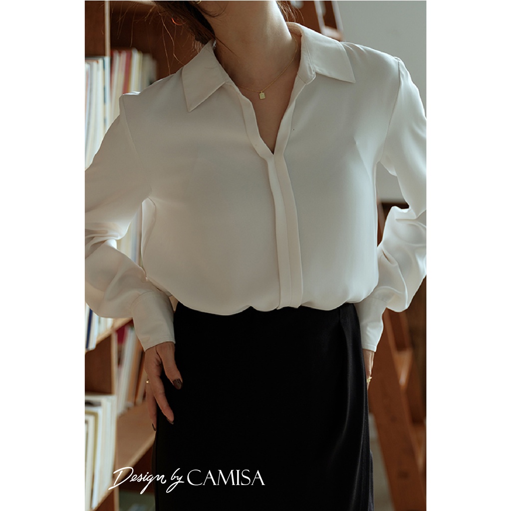 Áo Sơ Mi Nữ CAMISA Công Sở Cổ Chữ V Không Cúc Độc Đáo Hàn Quốc, Sơ Mi Trắng Đen Dài Tay Form Rộng Nữ Kiểu Cao Cấp CM25