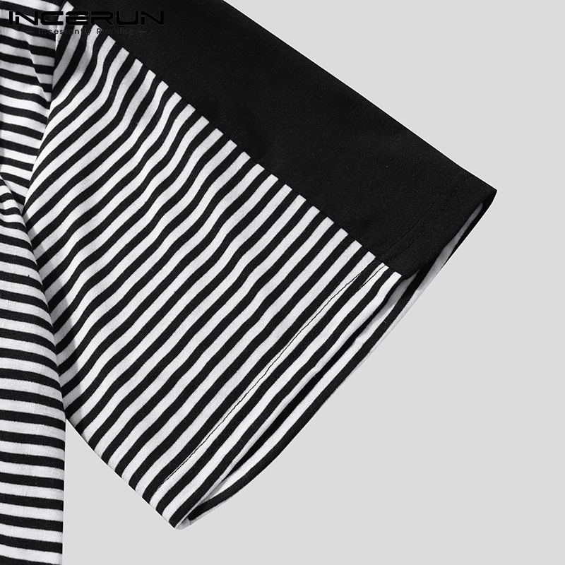 Áo thun INCERUN ngắn tay cổ tròn mềm mại họa tiết kẻ sọc phong cách đơn giản cho nam