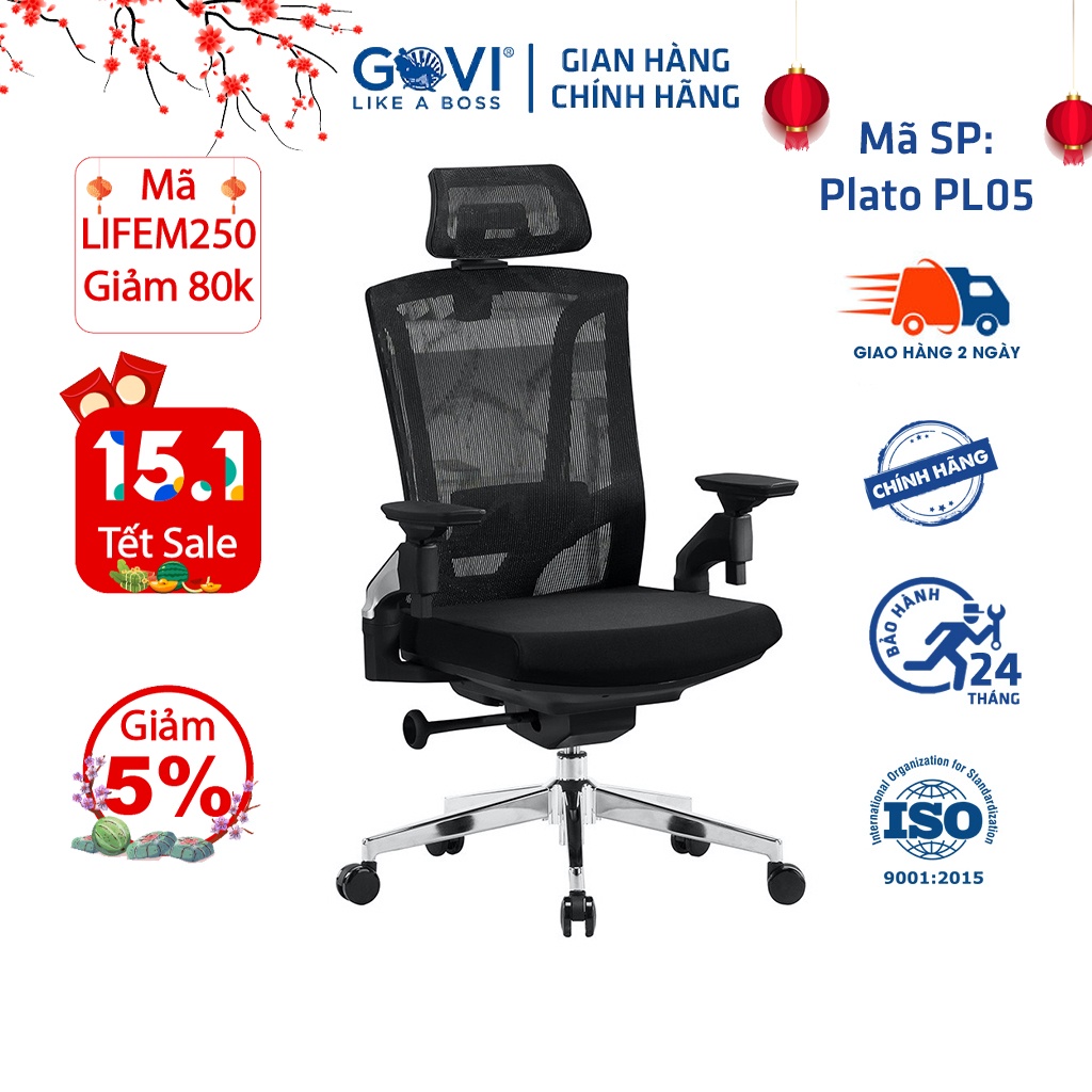 Ghế công thái học GOVI Ergonomic Plato PL05 - Tựa đầu điều chỉnh cao thấp, tựa tay 4D nâng hạ, cơ chế ngả lưng 135 độ