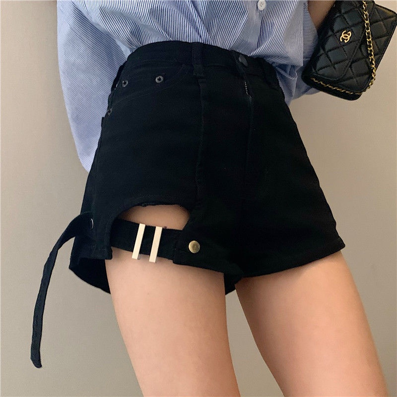 Quần Short Denim Lưng Cao Thiết Kế Không Đồng Đều Cá Tính Thời Trang
