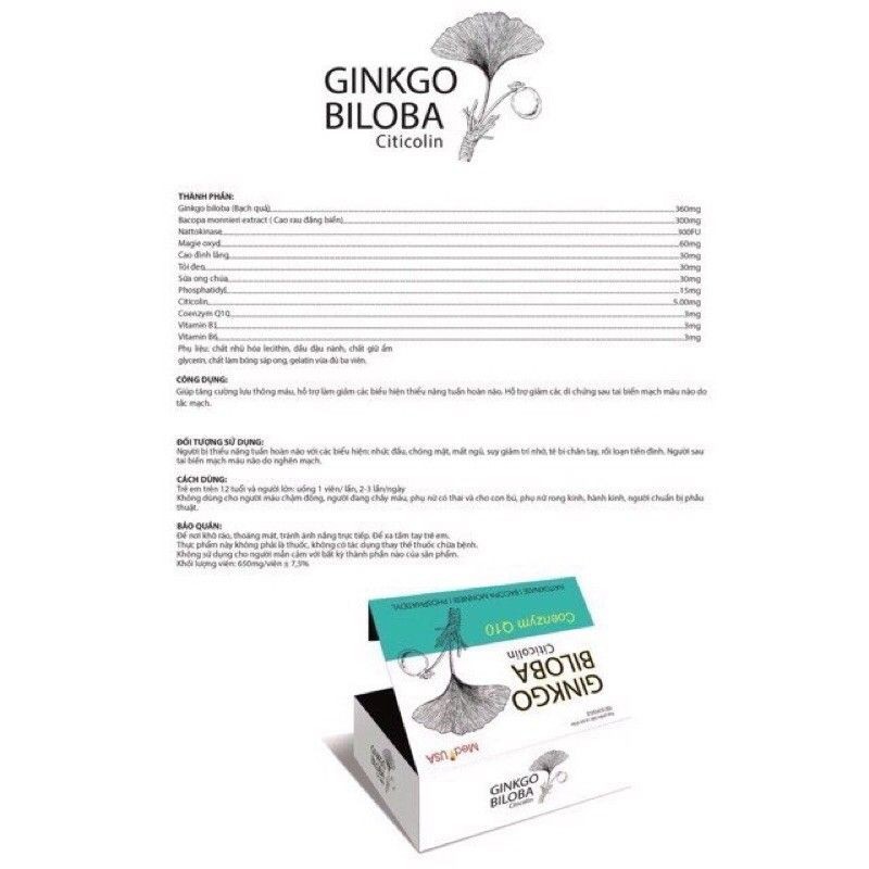 Viên uống bỗ não Ginkgo Biloba 360 Tăng cường lưu thông máu hộp 100 viên