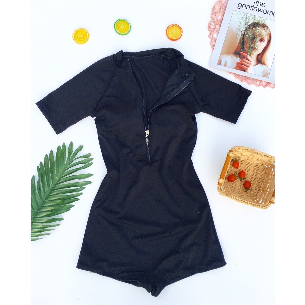 Bikini Một Mảnh Dây Kéo Khóa Kín Đáo, Bodysuit Đồ bơi Đi Biển Phối Dây Kéo [Ảnh Chụp Thật] - OS077