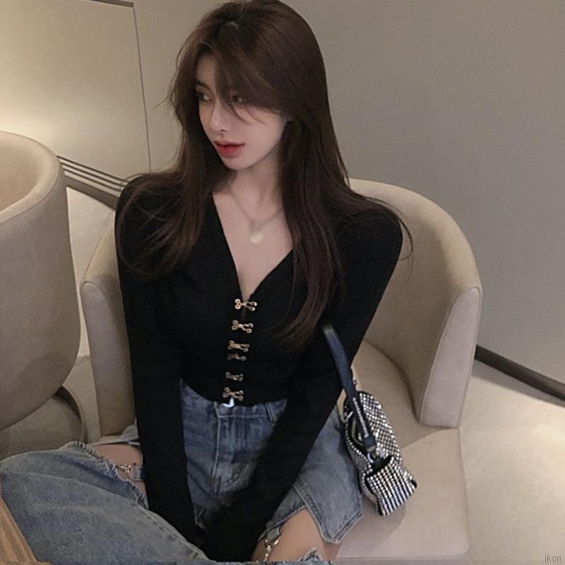 Áo Croptop Tay Dài Cổ Chữ V Màu Trơn Phong Cách Hàn Quốc