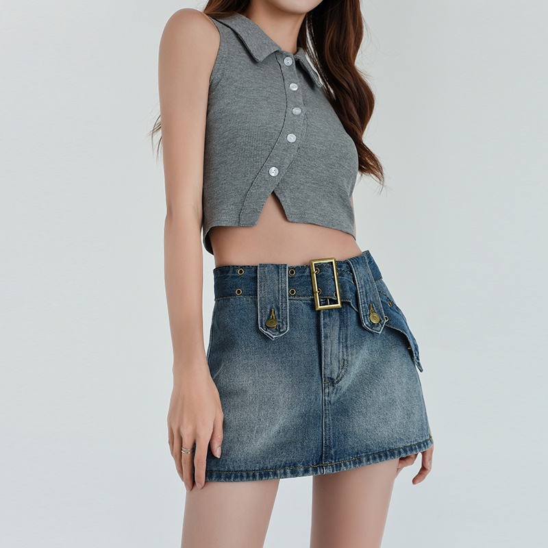 Chân váy jean QKOOLE dáng chữ A lưng cao phong cách Hàn Quốc cho nữ