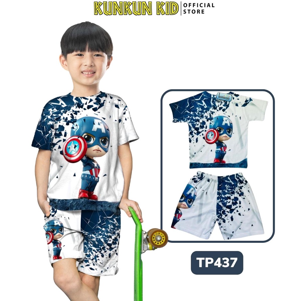 Quần áo bé trai size đại từ 10kg- 40kg chất thun lạnh in 3d hình đội trưởng mỹ captain america KunKun Kid TP437