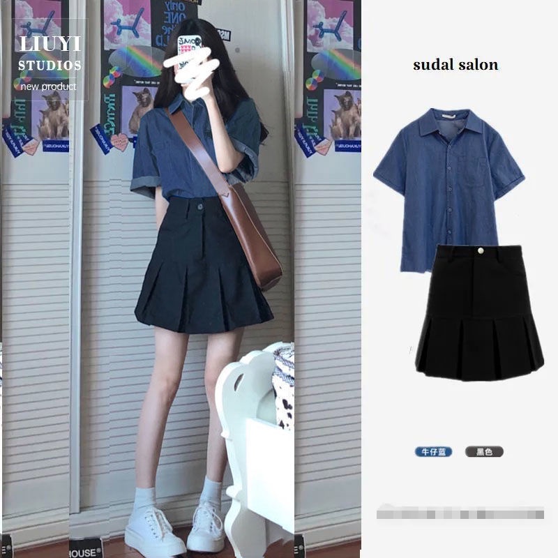 Set Áo Thun Tay Ngắn + Chân Váy Denim Xếp Ly Thời Trang Mùa Hè Cho Bé Gái