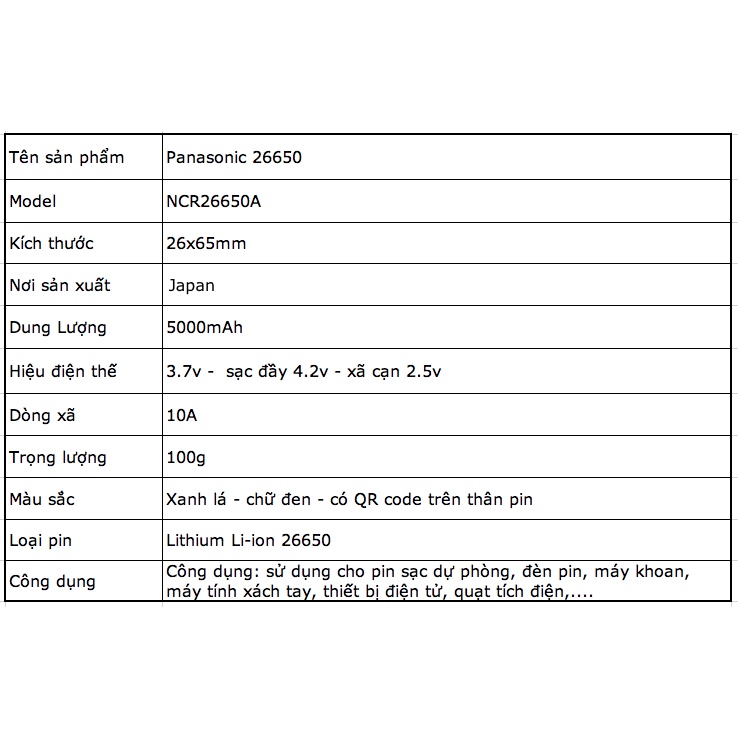 [P01] Pin , cell 26650 Panasonic NCR26650A 5000mah xã 10A Japan có QR code trên thân pin