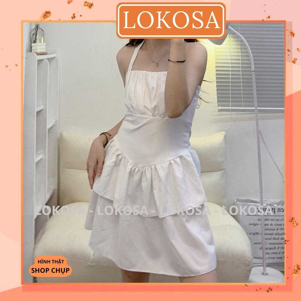 Đầm dự tiệc LOKOSA Váy Body Trắng cổ yếm Dáng Xòe Xếp Tầng Cột Dây Thiết Kế Hở Lưng VD032