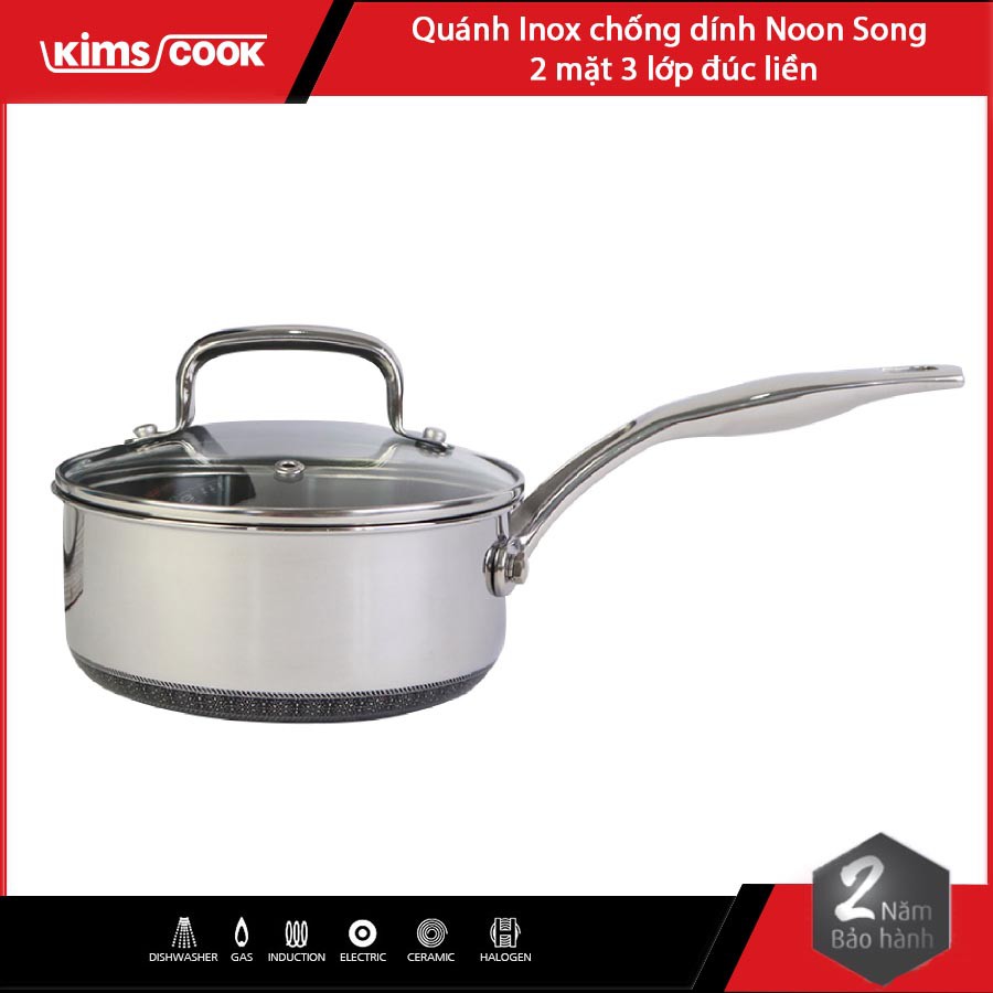 Quánh chống dính Inox 304 Kims Cook Noon Song 2 mặt 3 lớp đúc liền đáy từ nắp kính bảo hành chính hãng 24 tháng