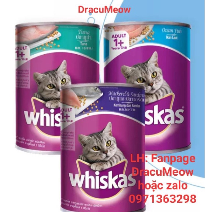 Pate whiskas 400g dạng lon có 3 vị gồm cá ngừ, cá biển và cá thu