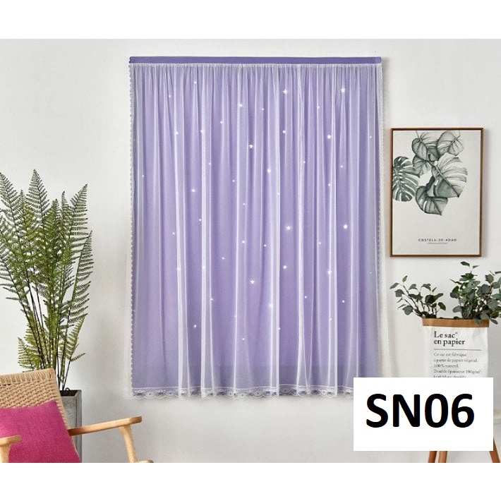 Rèm dán cửa 2 lớp màu tím không cần thanh treo dễ thương sang chảnh