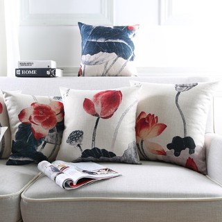 Vỏ gối bằng chất liệu cotton lanh in họa tiết hoa sen phong cách đơn giản