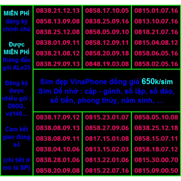 Sim Vina số đẹp 650k Hỗ Trợ ĐK chính chủ Miễn phí gói ALO35 tháng đầu, ĐK được gói VD149-D60G...(xem chi tiết SP)