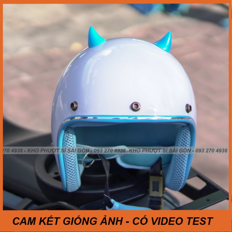 Combo nón bảo hiểm 3/4 kèm sừng mini màu trắng lót xanh dương đi phượt cho nam nữ kute