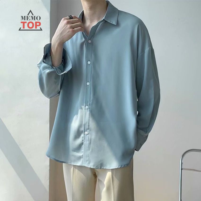 Áo sơ mi nam form rộng dài tay hàn quốc lụa mát giấu cúc đẹp xám xanh trắng đen MEMOTOP MM03