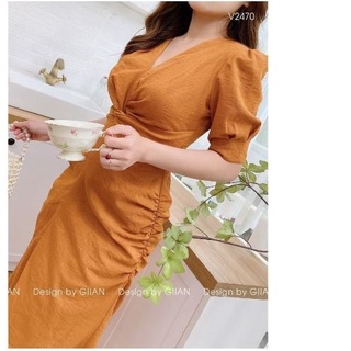 Đầm cổ v xoăn eo sang chảnh