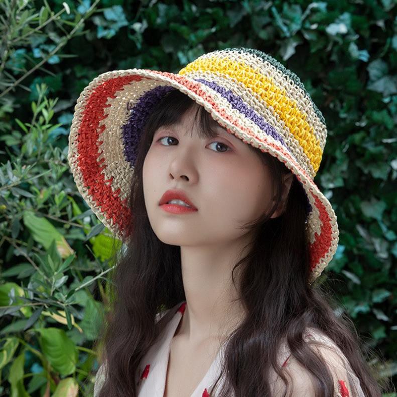 Mũ cói Đi biển Vành rộng Màu sắc Kẻ sọc nhiều màu Phong cách Hyuna Hàn Quốc Mũ cói Đi du lịch Rộng vành Mùa Hè