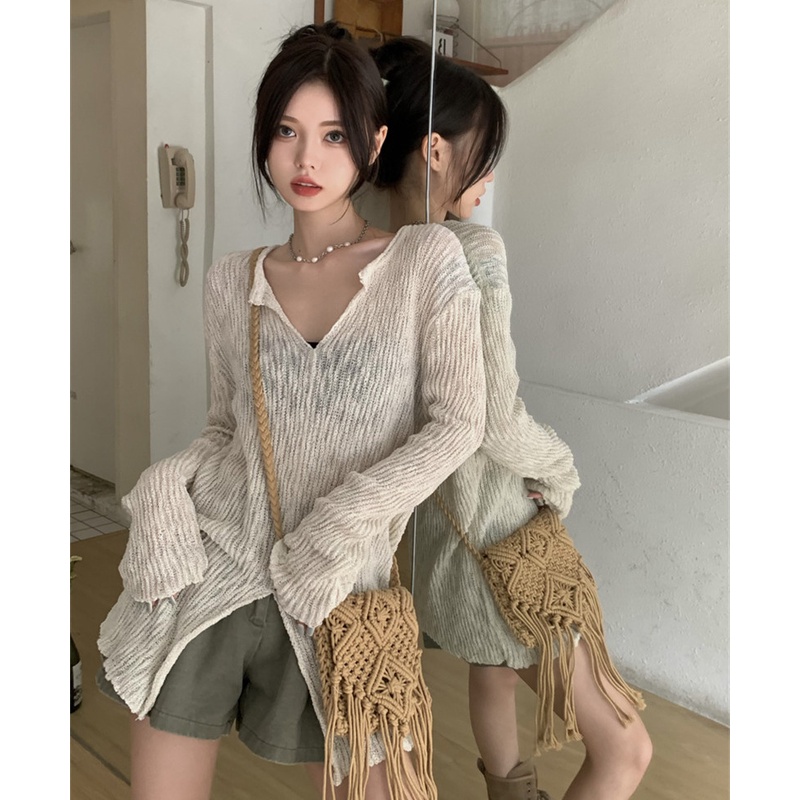 Áo Dệt Kim Chống Nắng Dáng Rộng Cổ Chữ V Xẻ Tà Gợi Cảm Hợp