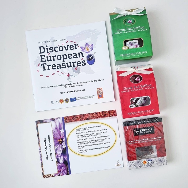 Nhụy hoa Nghệ Tây đỏ hữu cơ Hy Lạp hộp giấy đỏ/lọ thủy tinh nhãn hiệu Krokos Kozanis 1g