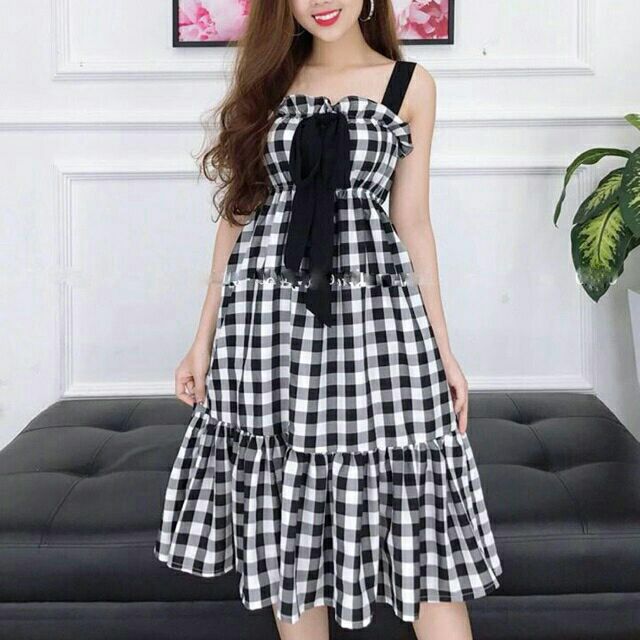 Đầm dây caro nơ