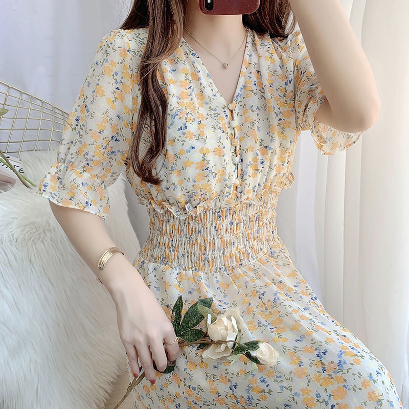 Hàng Có Sẵn Đầm Voan Hoa Chiết Eo Cổ Chữ V Ôm Eo Thời Trang Mùa Hè Hàn Quốc
