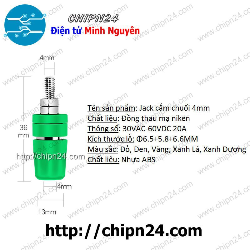 [2 CÁI] Jack Chuối Cái 4mm 20A XANH DƯƠNG, D=4mm, L=36mm, 20A 60V