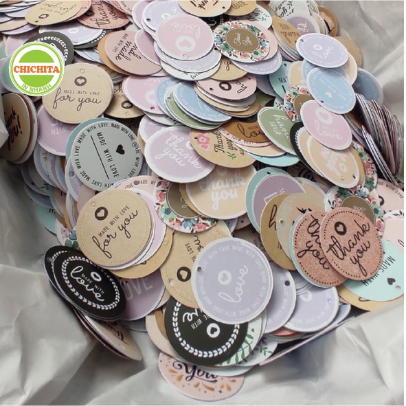 100 Tag giấy hình Tròn 5cm In tag thank you đục lỗ treo phụ kiện hàng có sẵn
